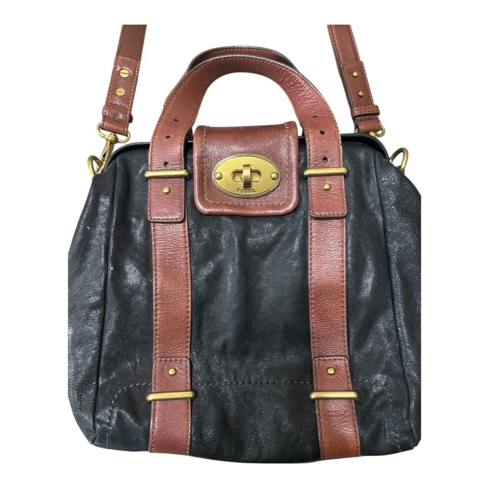 Fossil Black and Tan Leather Satchel vintage